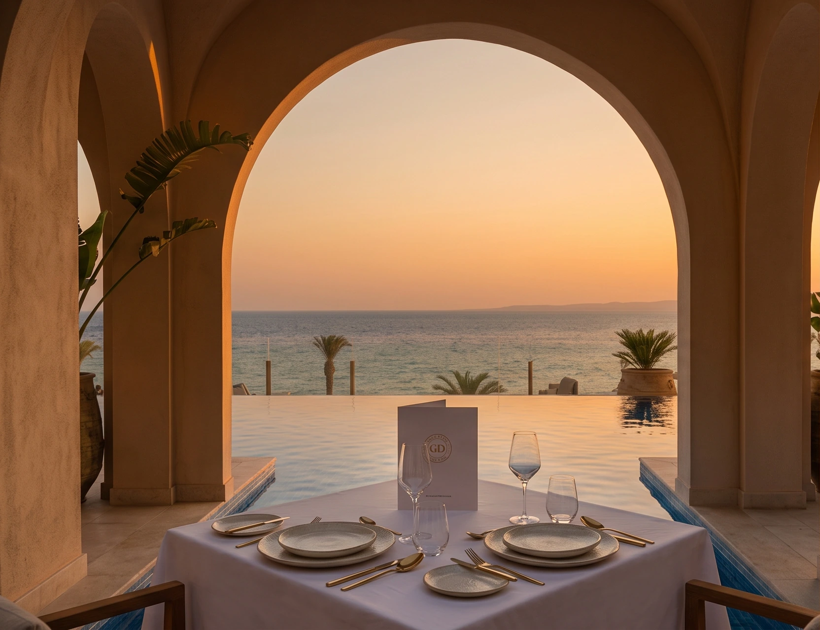 A table set for two under an arch, facing the sea at sunset