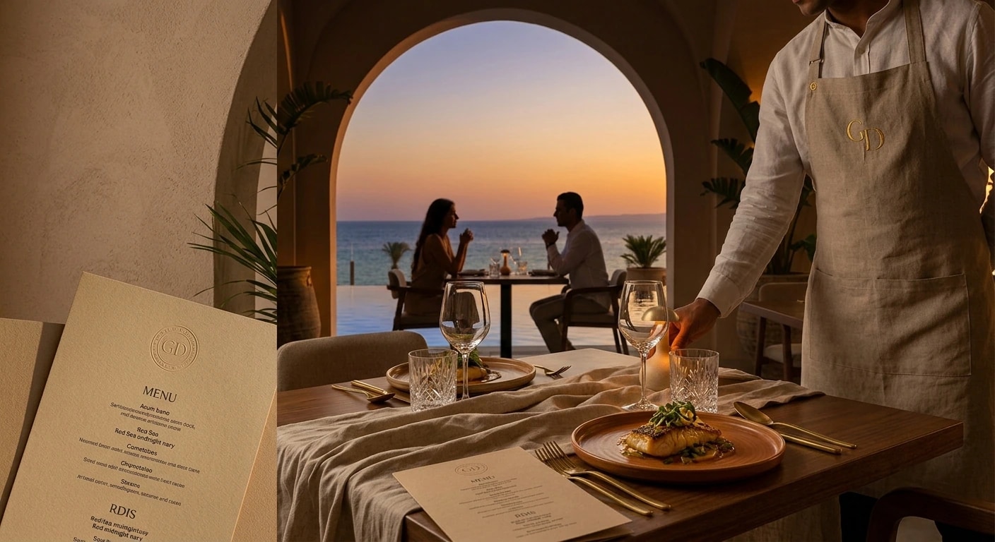 A dining terrace framed by arches, looking over the sea at dusk